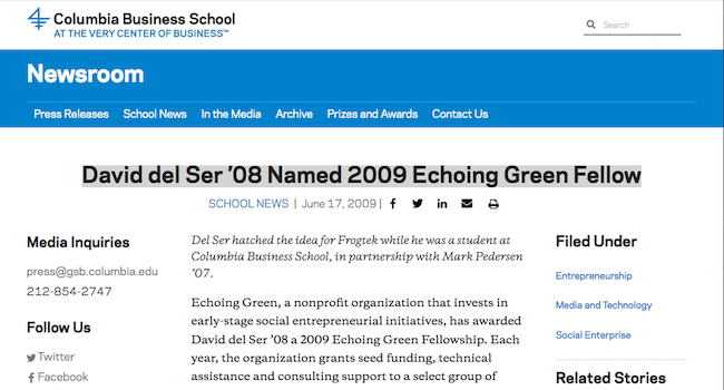 David del Ser ’08 Named 2009 Echoing Green Fellow