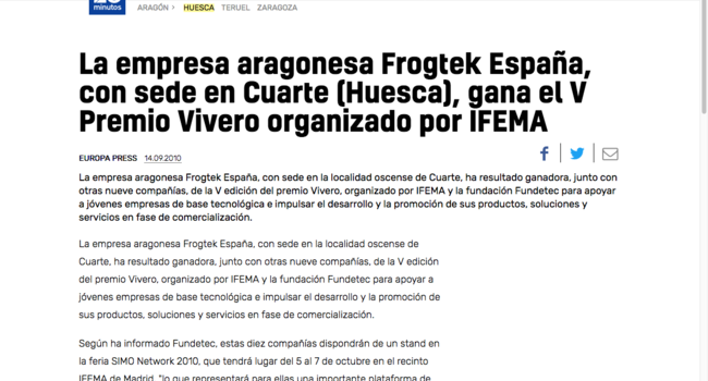 La empresa aragonesa Frogtek España, con sede en Cuarte (Huesca), gana el V Premio Vivero organizado por IFEMA