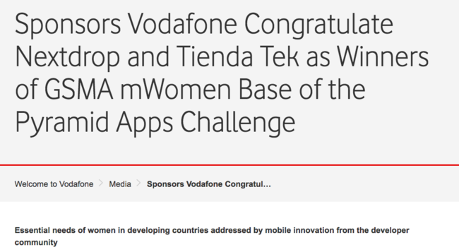 Sponsors Vodafone Congratulate Nextdrop and Tienda Tek as Winners of GSMA mWomen Base of the Pyramid Apps Challenge